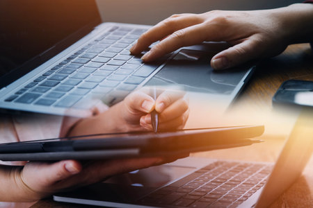 Document Businessman working modern computer Document Management System (DMS), Virtual online...