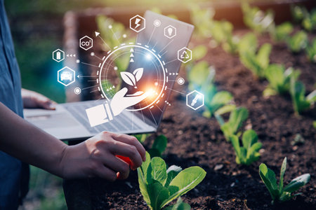 Smart farmer using application by tablet concepts modern vegetables and gardening lettuce at...