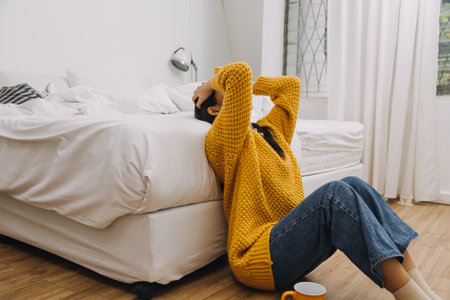 panic attacks alone young girl sad fear stressful depressed emotional.crying use hand cover face begging help.stop abusing domestic violence in women,person with health anxiety,people bad feeling downの写真素材