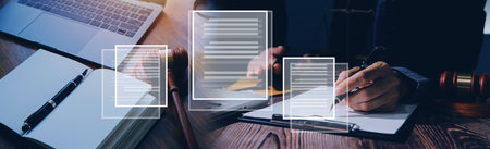 Business and lawyers discussing contract papers with brass scale on desk in office. Law, legal services, advice, justice and law concept picture with film grain effectの写真素材