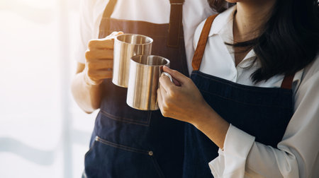 Happy young adult couple making breakfast and drinking coffee together in cozy home kitchen in morning at home. Preparing meal and smiling. Lifestyle, leisure and Love concept.の写真素材
