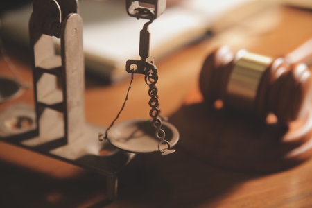 Business and lawyers discussing contract papers with brass scale on desk in office. Law, legal services, advice, justice and law concept picture with film grain effectの写真素材