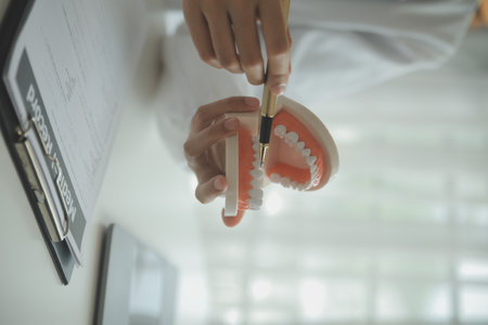 Dentists are discussing dental problems at report x-ray image on laptop screen to patients.の写真素材
