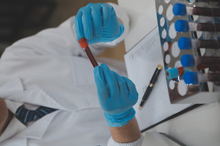 Scientist or medical in lab coat working in biotechnological laboratory, Microscope equipment for...