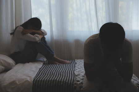 Divorce and quarrels. couples are desperate and disappointed after marriage. Husband and wife are sad, upset and frustrated after quarrels. distrust, love problems, betrayals. family problem.の写真素材