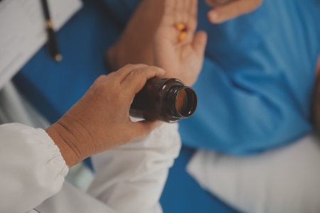 Close up of Female Doctor using stethoscope putting beat heart diagnose with patient in examination...
