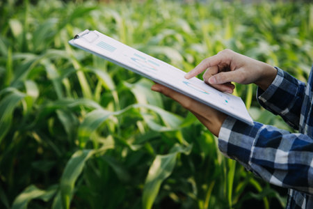 Agriculturist utilize the core data network in the Internet from the mobile to validate, test, and select the new crop method. Young farmers and tobacco farmingの写真素材