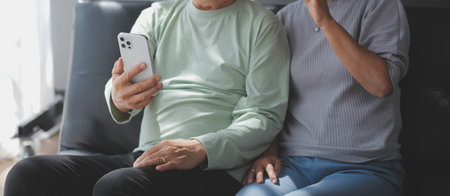 Asian mature senior couple look talk to smartphone camera at home. video calling communicate in...
