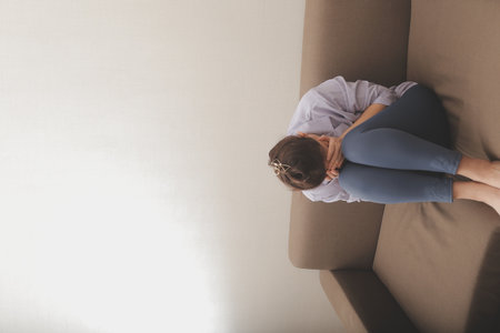 Sad, unhappy. Alone asian young woman, girl expression face thinking about problem, difficulty, feeling failure and exhausted, suffering from loneliness, grief sorrow and bad relationship or break up.の写真素材