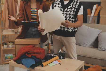 Business woman with friend working online for selling and e-commerce business. Freelancer at home for startup and SME entrepreneur.の写真素材