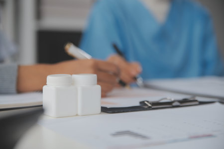 Doctors, nurse or laptop in night teamwork, medical research or surgery planning in wellness...