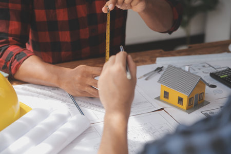 Close up of civil male engineer asian working on blueprint architectural project at construction...