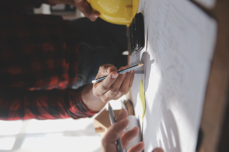 Close up of civil male engineer asian working on blueprint architectural project at construction...