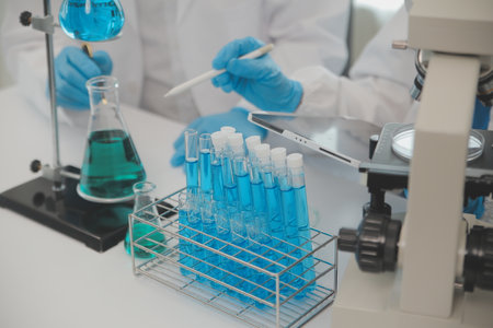 Health care researchers working in life science laboratory. Young female research scientist and...