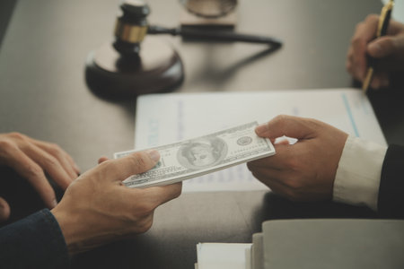 Lawyer, legal advisor, businessman brainstorming information on agreement details Business contracts in legal processing books for accuracy in contract documents. joint financial investment.の写真素材