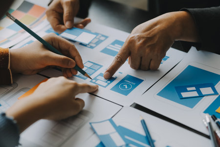 Close up ux developer and ui designer brainstorming about mobile app interface wireframe design on table with customer breif and color code at modern office.Creative digital development agencyの写真素材