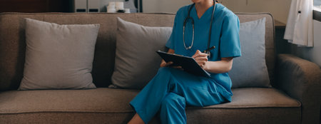 Asian doctor woman visited patient woman to diagnosis and check up health at home or private...