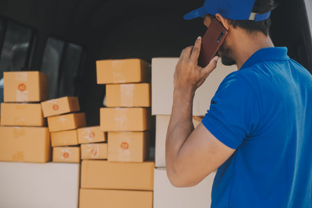 Business woman start up small business entrepreneur SME success .freelance woman working at home with Online Parcel delivery. SME and packaging deliveryconceptの写真素材