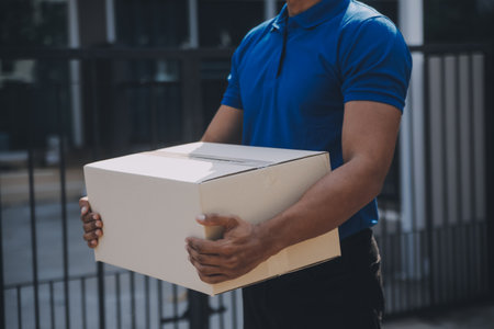 Startup small business entrepreneur of freelance Asian woman using a laptop with box Cheerful success Asian woman her hand lifts up online marketing packaging box and delivery SME idea conceptの写真素材