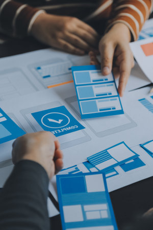 ux Graphic designer creative sketch planning application process development prototype wireframe for web mobile phone . User experience concept.の写真素材