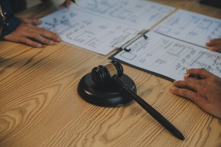 Consultation and conference of Male lawyers and professional businesswoman working and discussion having at law firm in office. Concepts of law, Judge gavel with scales of justice.の写真素材