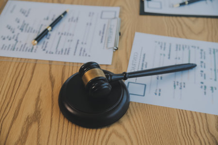 Consultation and conference of Male lawyers and professional businesswoman working and discussion having at law firm in office. Concepts of law, Judge gavel with scales of justice.の写真素材