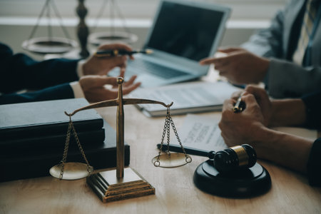 Customer service good cooperation, Consultation between a Businessman and Male lawyer or judge consult having team meeting with client, Law and Legal services concept.の写真素材