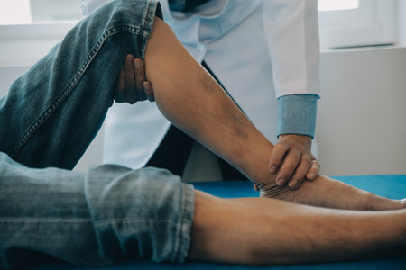 Doctor or physical therapist examines back pain and spinal area to give advice within the rehabilitation center.の写真素材