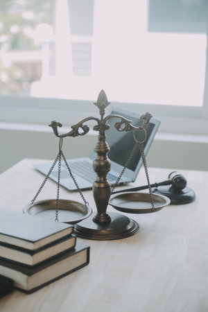 Customer service good cooperation, Consultation between a Businessman and Male lawyer or judge consult having team meeting with client, Law and Legal services concept.の写真素材