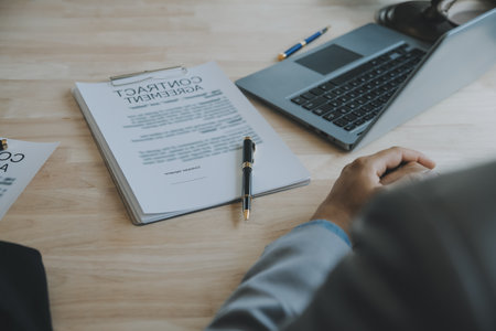 Customer service good cooperation, Consultation between a Businessman and Male lawyer or judge consult having team meeting with client, Law and Legal services concept.の写真素材