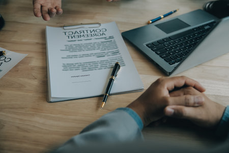 Customer service good cooperation, Consultation between a Businessman and Male lawyer or judge consult having team meeting with client, Law and Legal services concept.の写真素材