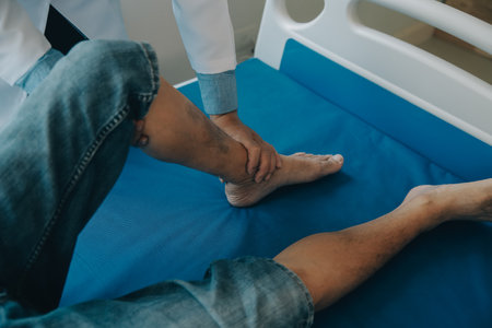 Doctor or physical therapist examines back pain and spinal area to give advice within the rehabilitation center.の写真素材