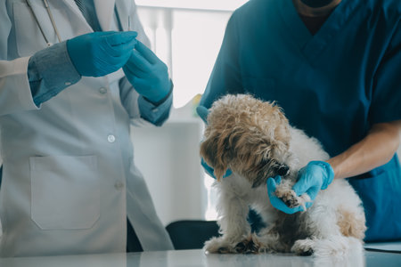 Vet examining dog and cat. Puppy and kitten at veterinarian doctor. Animal clinic. Pet check up and vaccination. Health care.の写真素材