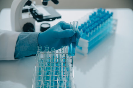 biochemical research scientist team working with microscope for coronavirus vaccine development in pharmaceutical research labolatory, selective focusの写真素材