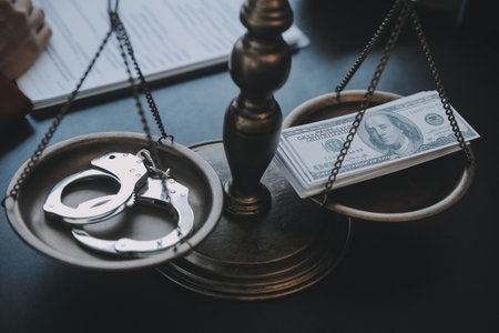 Justice and law concept.Male judge in a courtroom with the gavel, working with, computer and docking keyboard, eyeglasses, on table in morning lightの写真素材