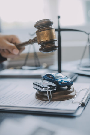 Justice and law concept.Male judge in a courtroom with the gavel, working with, computer and docking keyboard, eyeglasses, on table in morning lightの写真素材