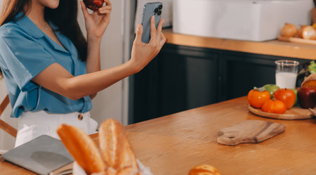 A young woman with a beautiful face in a blue shirt with long hair eating fruit sitting inside the kitchen at home with a laptop and notebook for relaxation, Concept Vacation.の写真素材