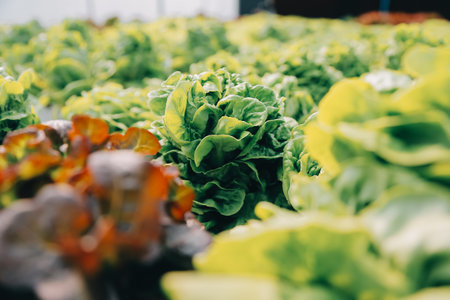 Woman gardener inspects quality of green oak lettuce in greenhouse gardening. Female Asian...
