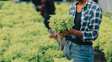 Young Asian woman and senior man farmer working together in organic hydroponic salad vegetable farm. Modern vegetable garden owner using digital tablet inspect quality of lettuce in greenhouse garden.の写真素材