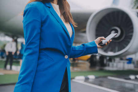 Young asian woman in international airport, using mobile smartphone and checking flight at the flight information boardの写真素材