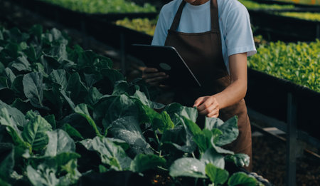 Organic farm ,Worker testing and collect environment data from bok choy organic vegetable at greenhouse farm garden.の写真素材