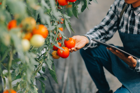 Organic farm ,Worker testing and collect environment data from bok choy organic vegetable at greenhouse farm garden.の写真素材