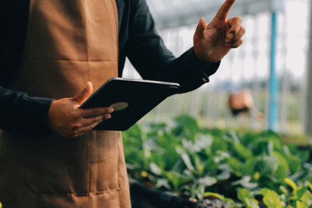Organic farm ,Worker testing and collect environment data from bok choy organic vegetable at greenhouse farm garden.の写真素材