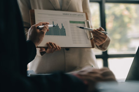 Business Documents, Auditor businesswoman checking searching document legal prepare paperwork or report for analysis TAX time,accountant Documents data contract partner deal in workplace officeの写真素材