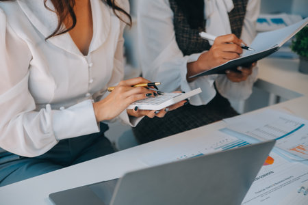 Business team collaboration discussing working analyzing with financial data and marketing growth report graph in team, presentation and brainstorming to strategy planning making profit of company.の写真素材