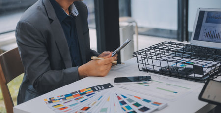 Close up ux developer and ui designer use augmented reality brainstorming about mobile app interface...
