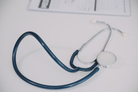 stethoscope for doctor checkup on health medical laboratory table backgroundの写真素材