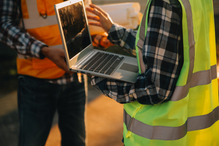 Team Construction or engineering group and worker. Teamwork and determination to succeed. Safety hard hat to prevent accident while working Transport and Container Team. Concept Restart and new Normalの写真素材