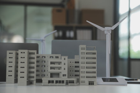 Close-up at tablet, Engineers pointing at tablet with their hands. To jointly design the use of renewable energy with wind and solar energy. Concept of using renewable energy.の写真素材