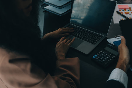 Finance manager meeting discussing company growth project success financial statistics, professional investor working start up project for strategy plan with document, laptop and digital tablet.の写真素材